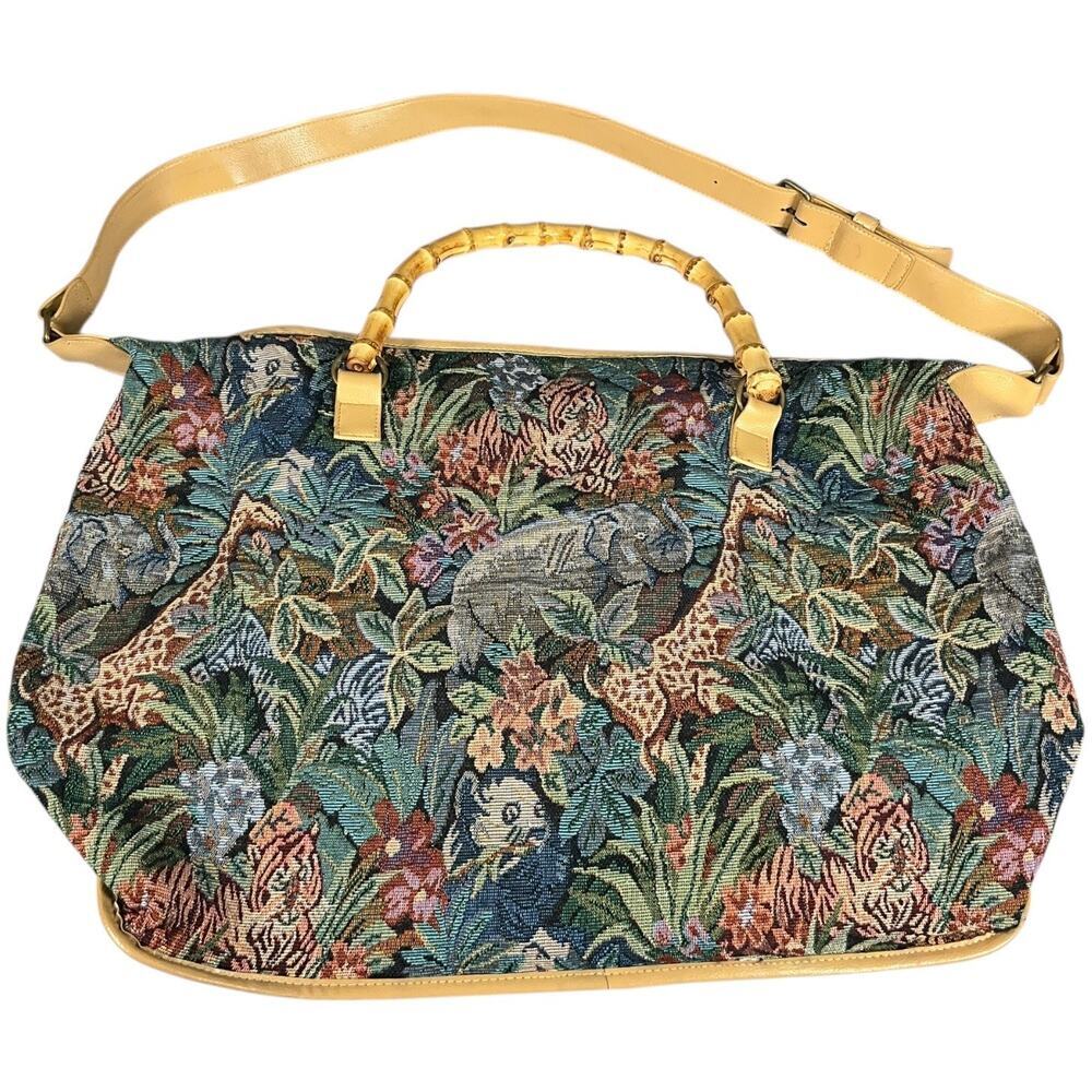 Tapestry Jungle Print Bamboo Handle Tote Bag - Multicolor - Picture 6 of 13